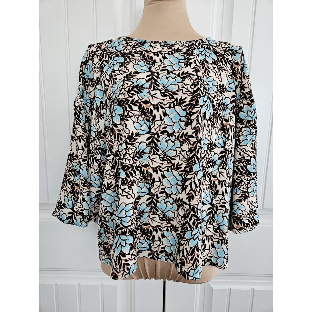 Elizabeth and James - Blue & beige floral 3/4 blouson sleeve top, L